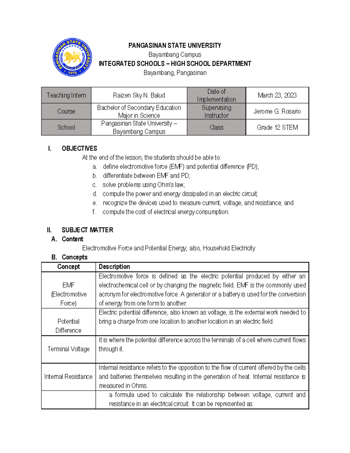 Grade 12 STEM Lesson Plan: Electromotive Force & Household Electricity ...