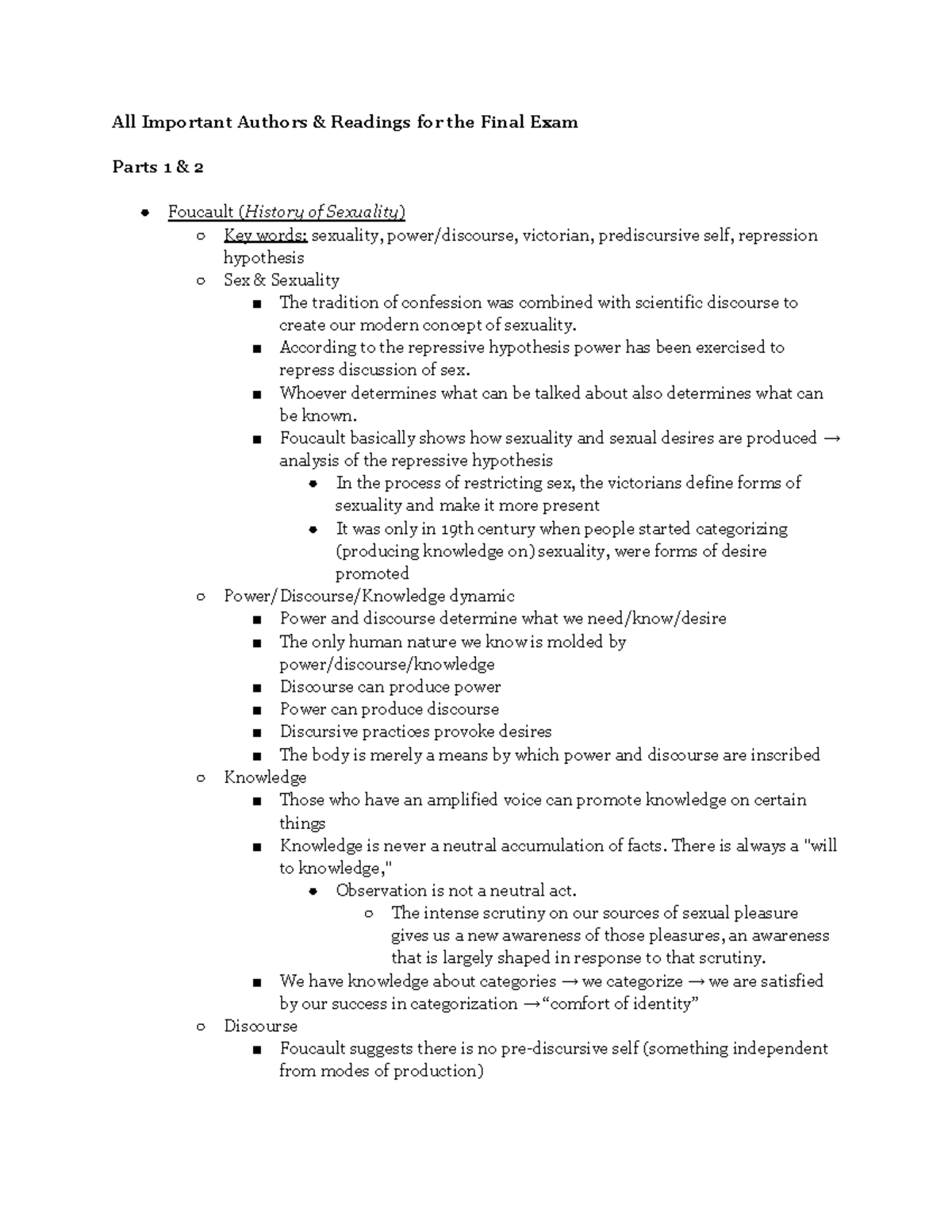 Final Exam Study Guide: Key Authors & Readings in Theory (ENG 101 ...