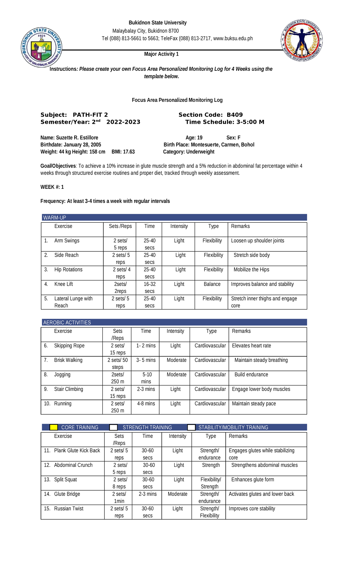 Personalized Training Matrix (WEEK 1) - Major Activity 1 Instructions ...