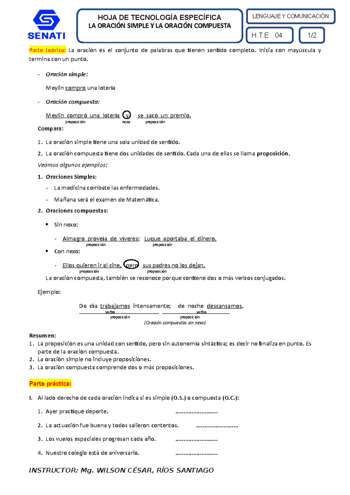 Hoja De Trabajo Sobre Oraciones Simples Y Compuestas