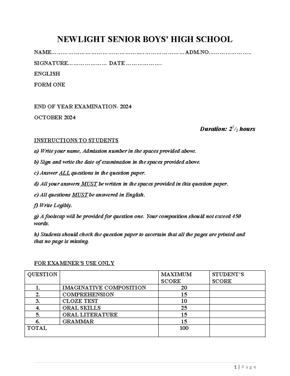F1 ENG - English revision paper for form one. - NEWLIGHT SENIOR BOYS ...
