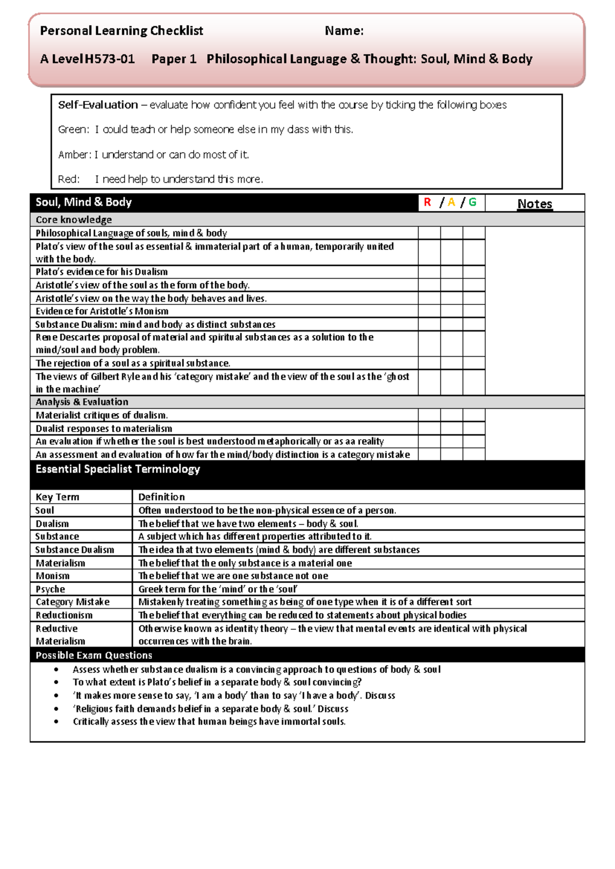 1 - Checklists for all of Paper 1 - Soul, Mind & Body R / A / G Notes ...