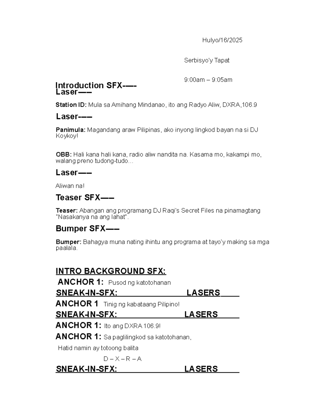 Filipino Journalism G9: Radio Broadcasting Practice Scripts - Studocu