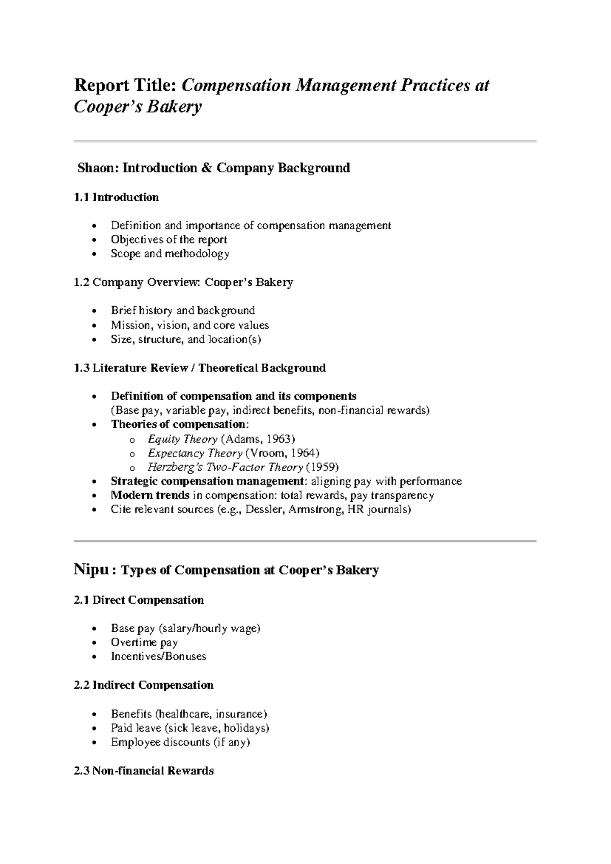 Compensation Management Practices Report at Cooper’s Bakery (CM-101 ...