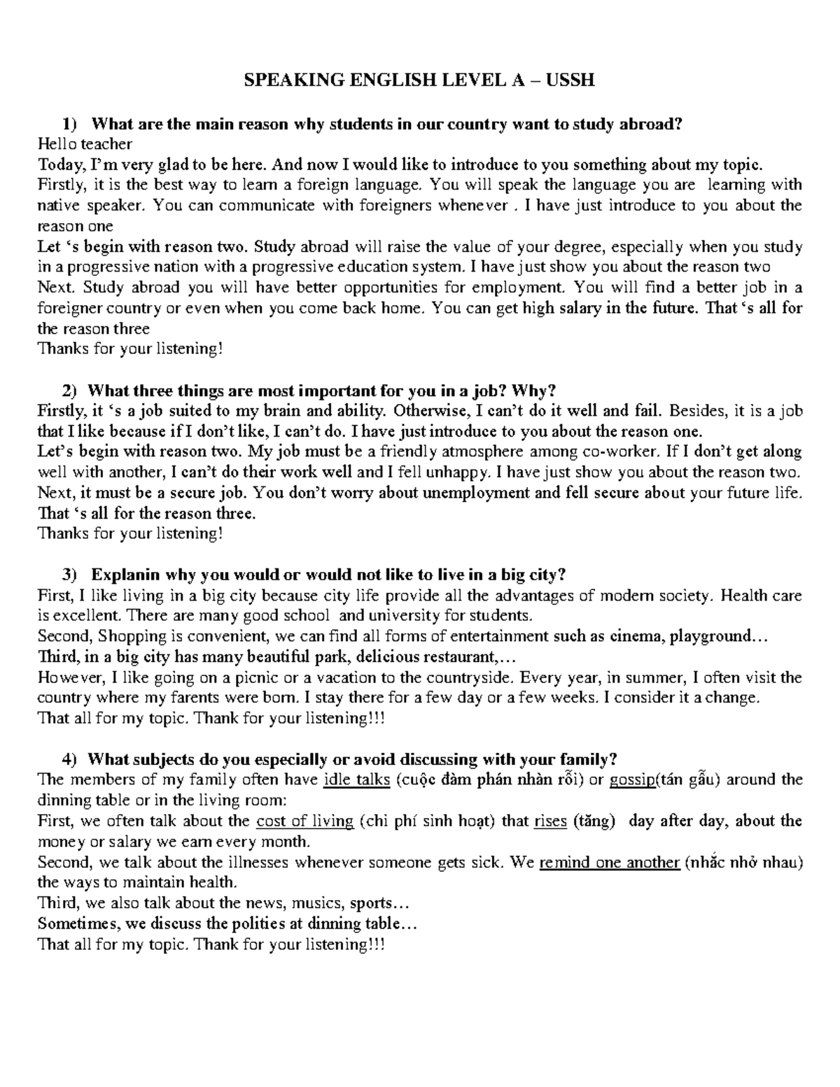 Level A - Speaking English 2: Key Topics & Discussion Points - Studocu