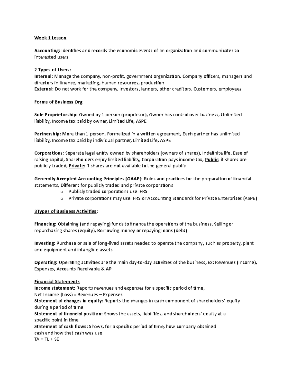 Acc Ch1 - Week 1 Lesson - Week 1 Lesson Accounting: Identifies and ...