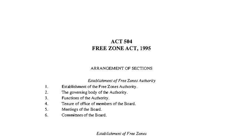 FREE ZONE ACT, 1995 - FREE ZONE ACT, 1995 (Temporary concessions) - ACT ...