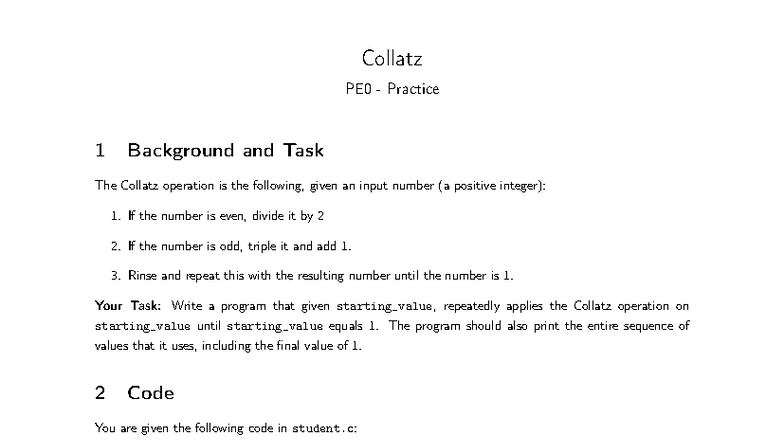 Collatz PE0 Practice 1: Implementing the Collatz Sequence - Studocu