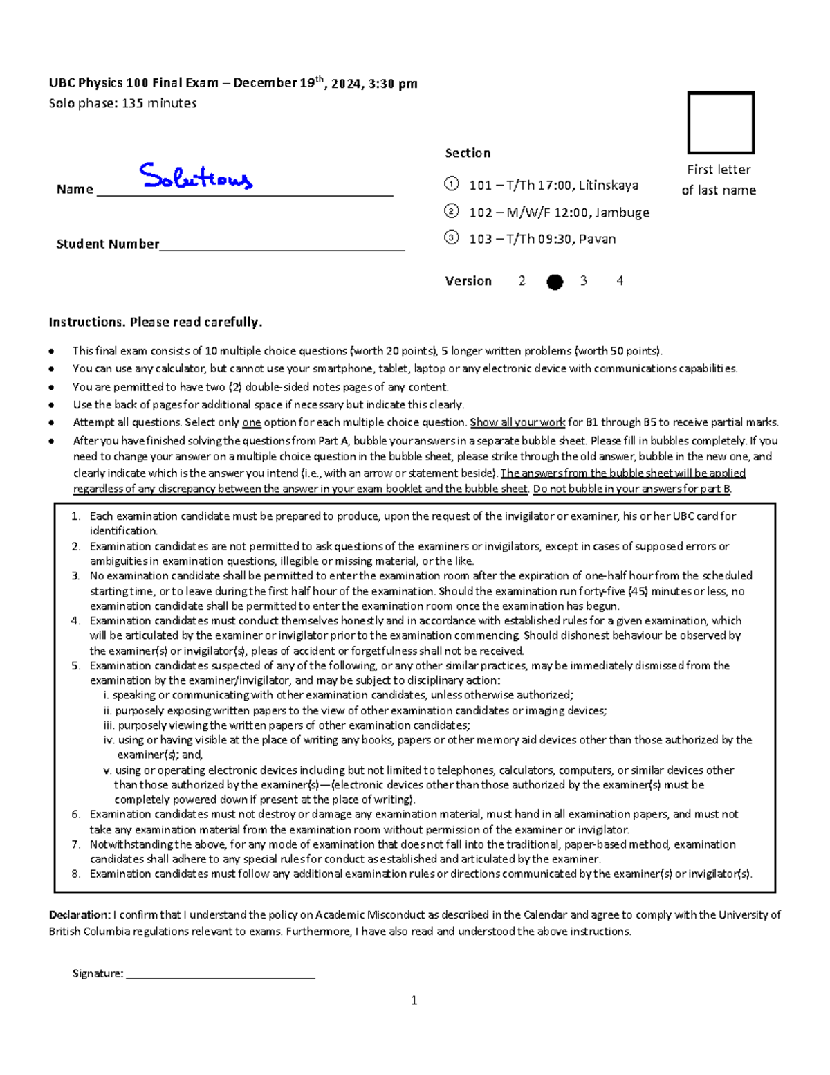 P100-2024W1 Final Exam Solutions - Physics 100 December 2024 - Studocu