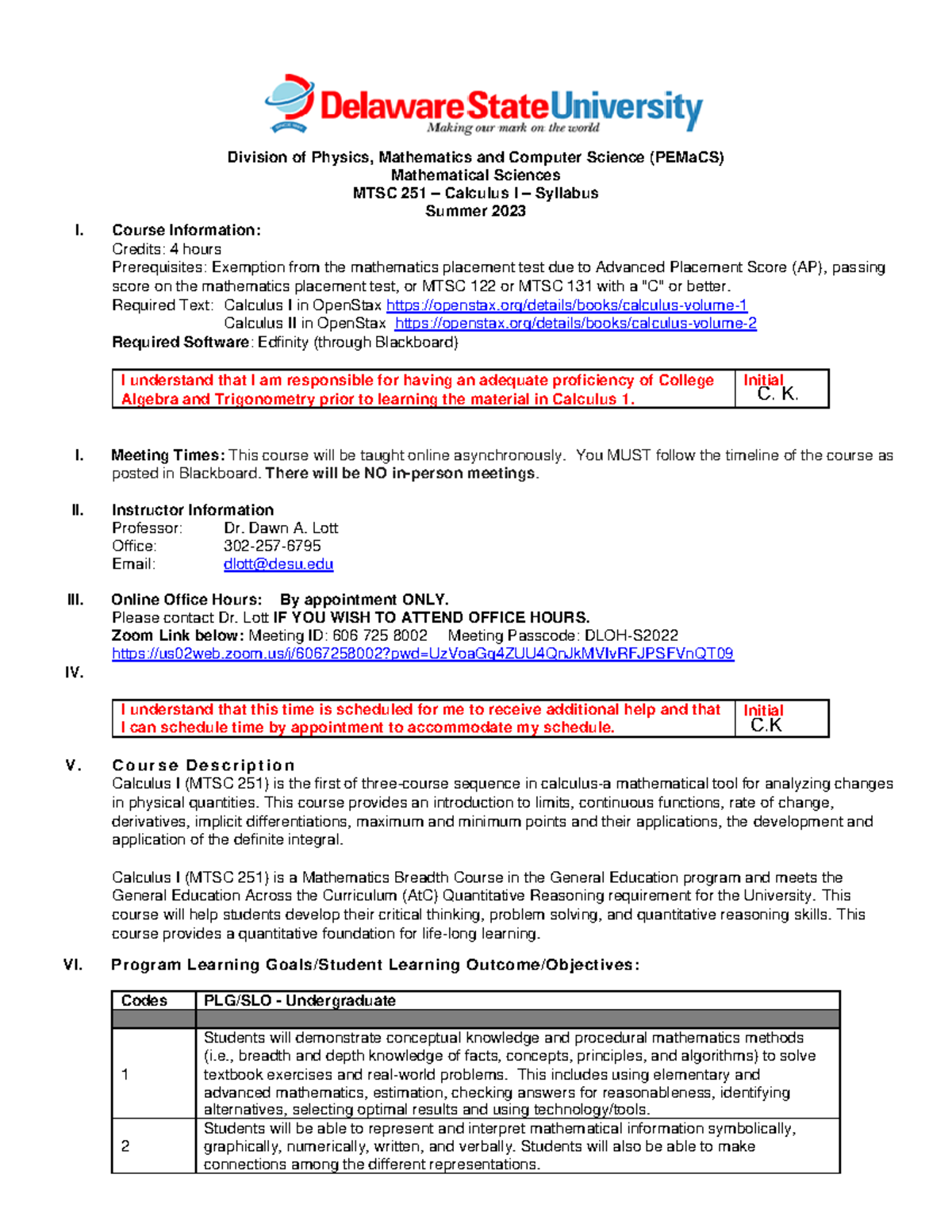 MTSC 251 Syllabus: Calculus I Overview for Summer 2023 - Studocu