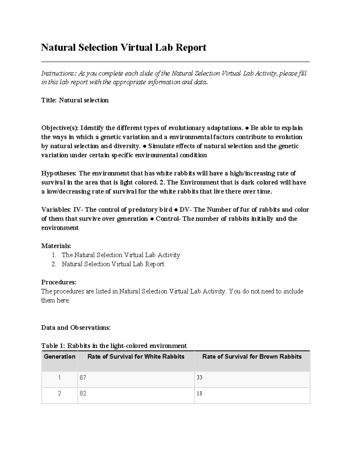 05 02 natural selection lab report - Natural Selection Virtual Lab ...