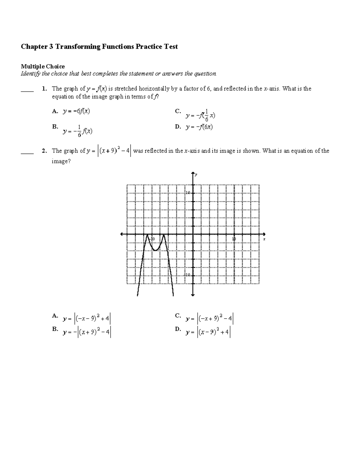 Unit 3 Transforming Functions Practice Test - Test Prep - Studocu