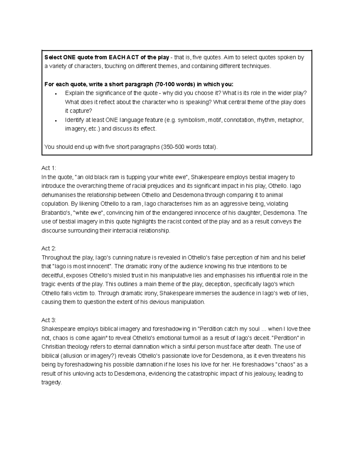 Othello (ENG 101) Practice Analysis Questions: Quotes from Each Act ...