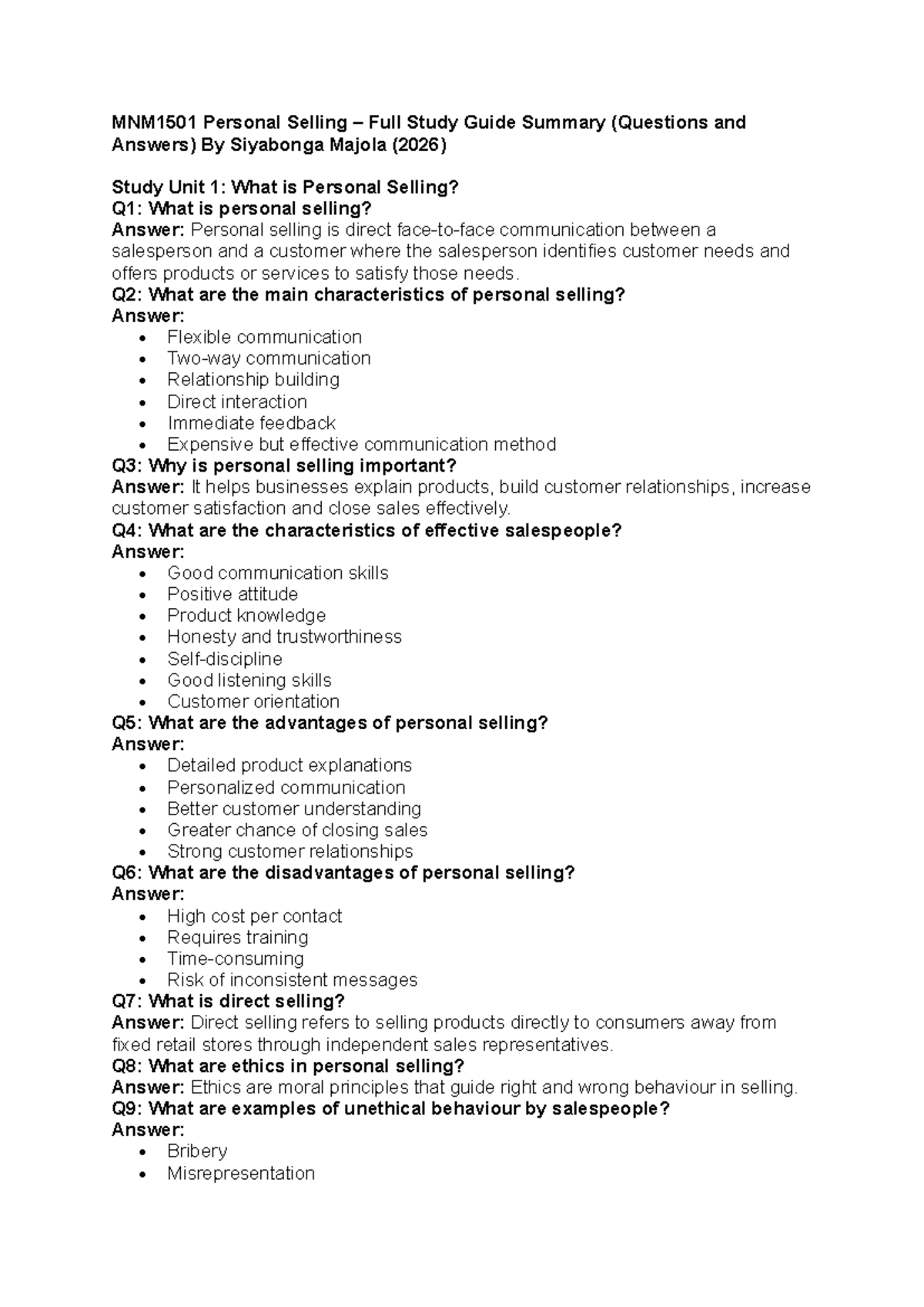MNM1501 Personal Selling Study Guide: Key Concepts & Q&A - Studocu