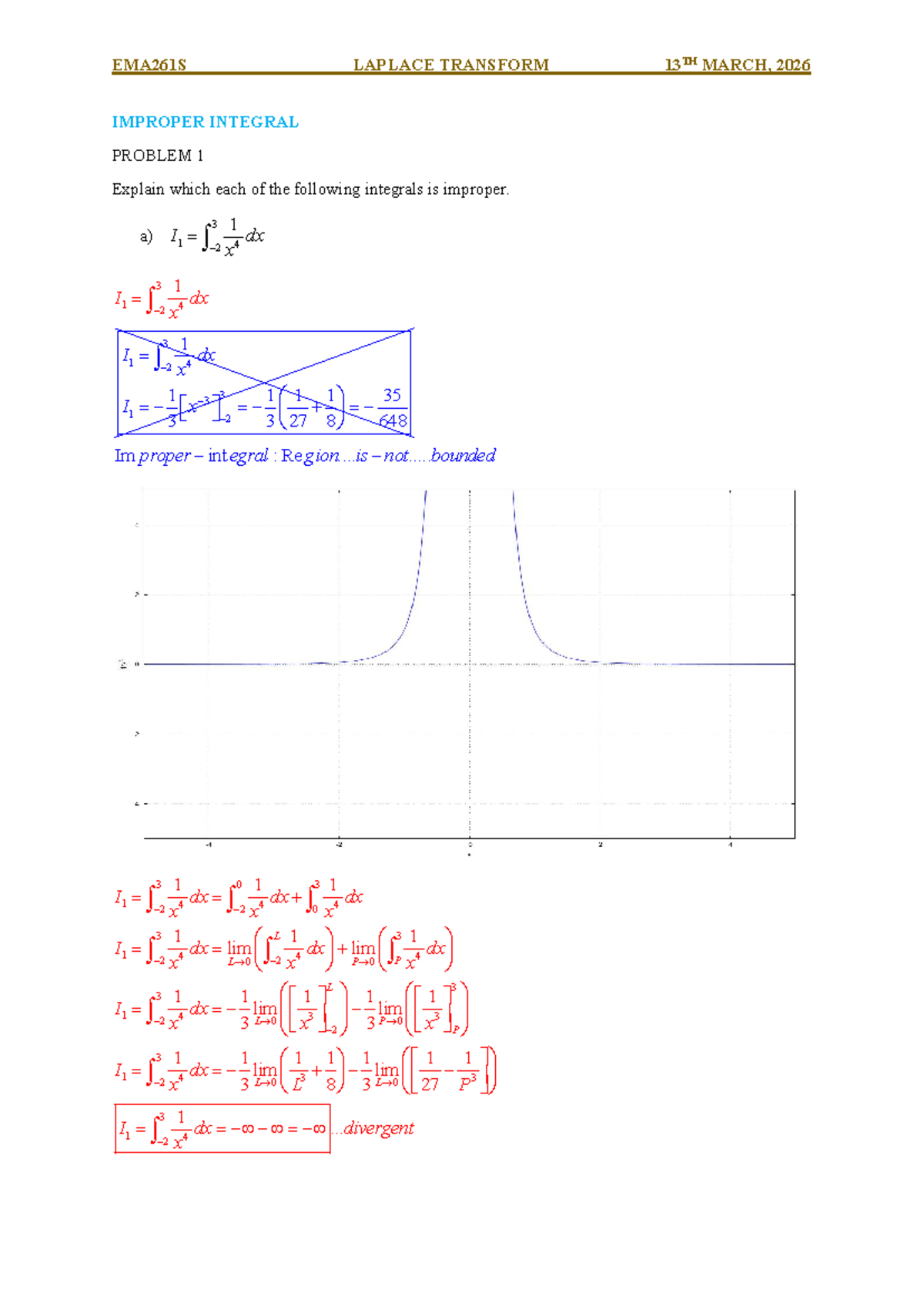 EMA261S Laplace Transform: Improper Integrals & Problems - Studocu