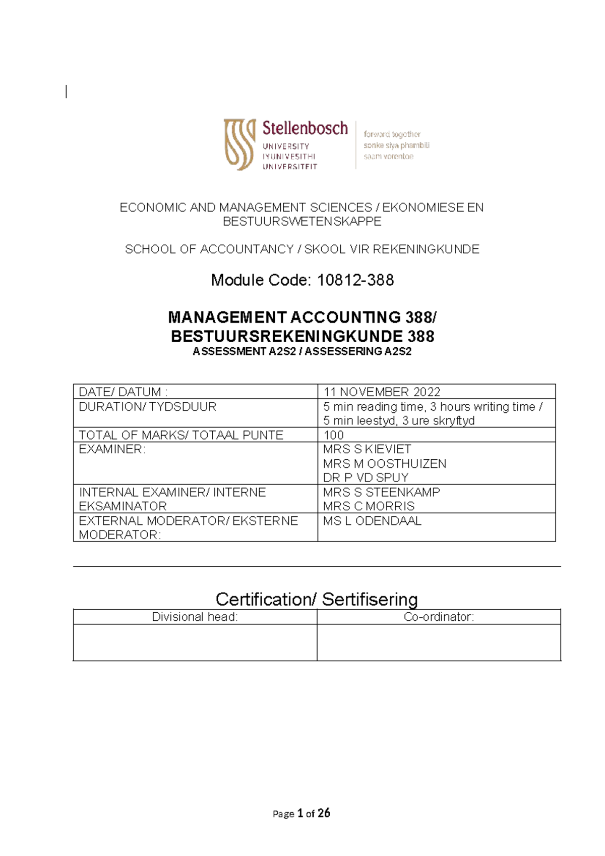 Management Accounting 388 A2S2 Final Exam Paper - November 2022 - Studocu