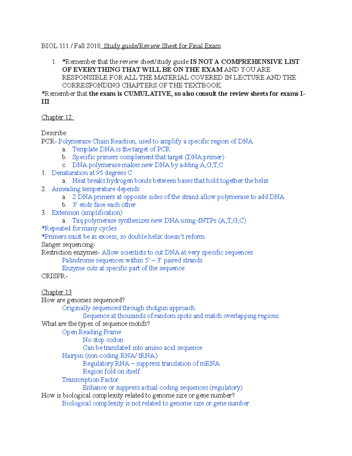 Exam 4 Study Guide - BIOL 111 / Fall 2018 Study guide/Review Sheet for ...