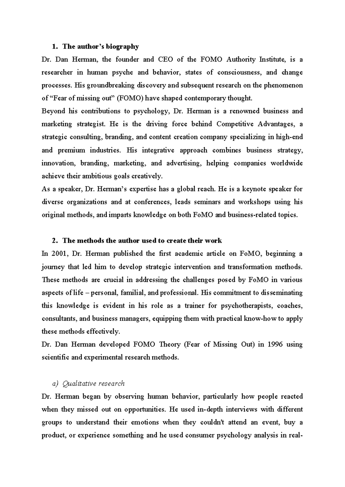 Hvkh - Report Theory - The author’s biography Dr. Dan Herman, the ...
