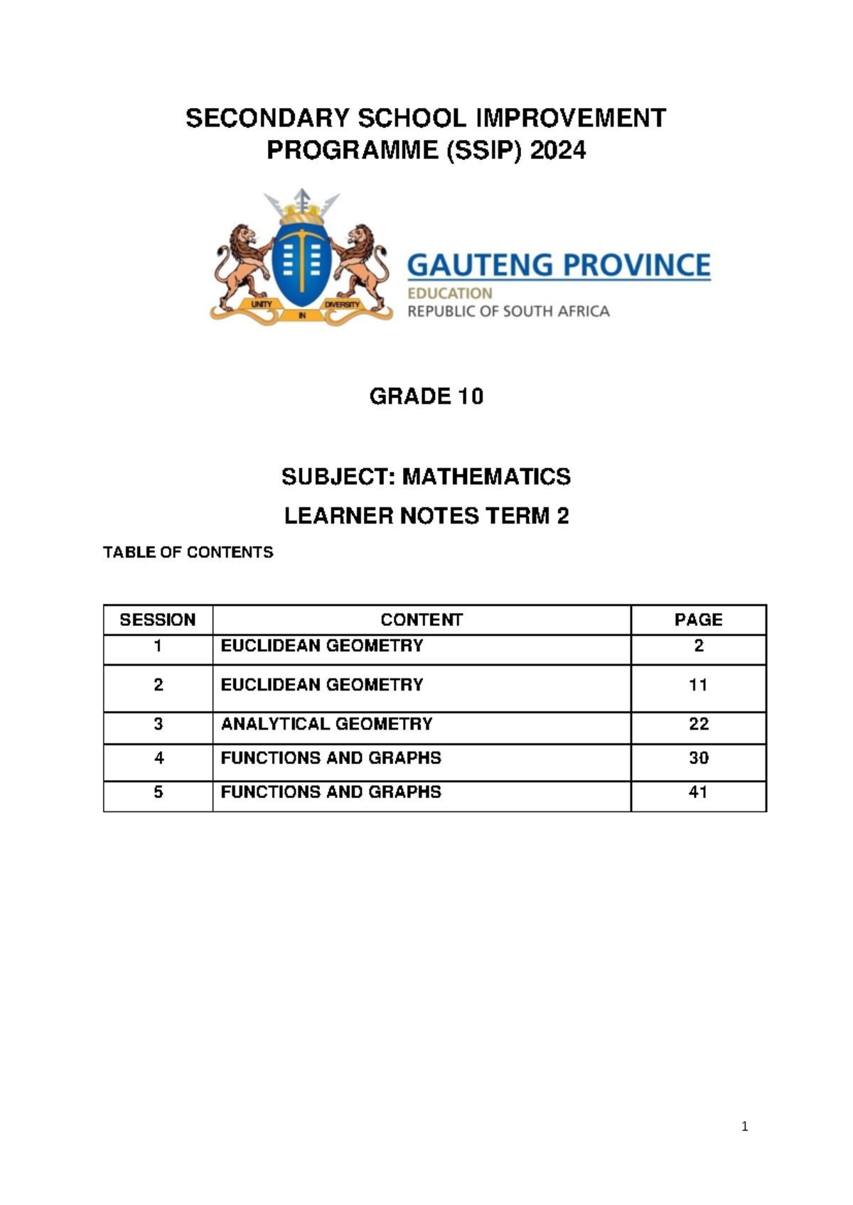 SSIP 2024: Grade 10 Mathematics Learner Notes - Term 2 Insights - Studocu