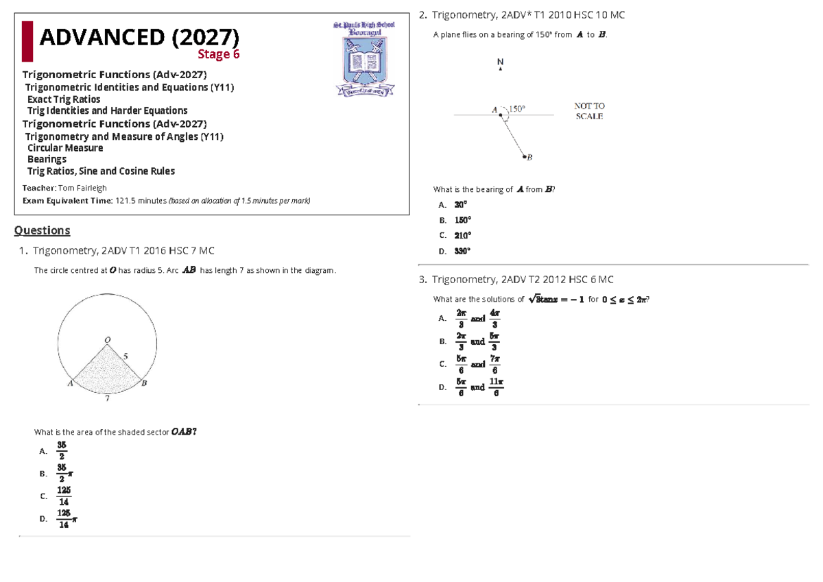 Year 11 Advanced (2ADV) Trigonometry AT2 Take Home Questions - Studocu