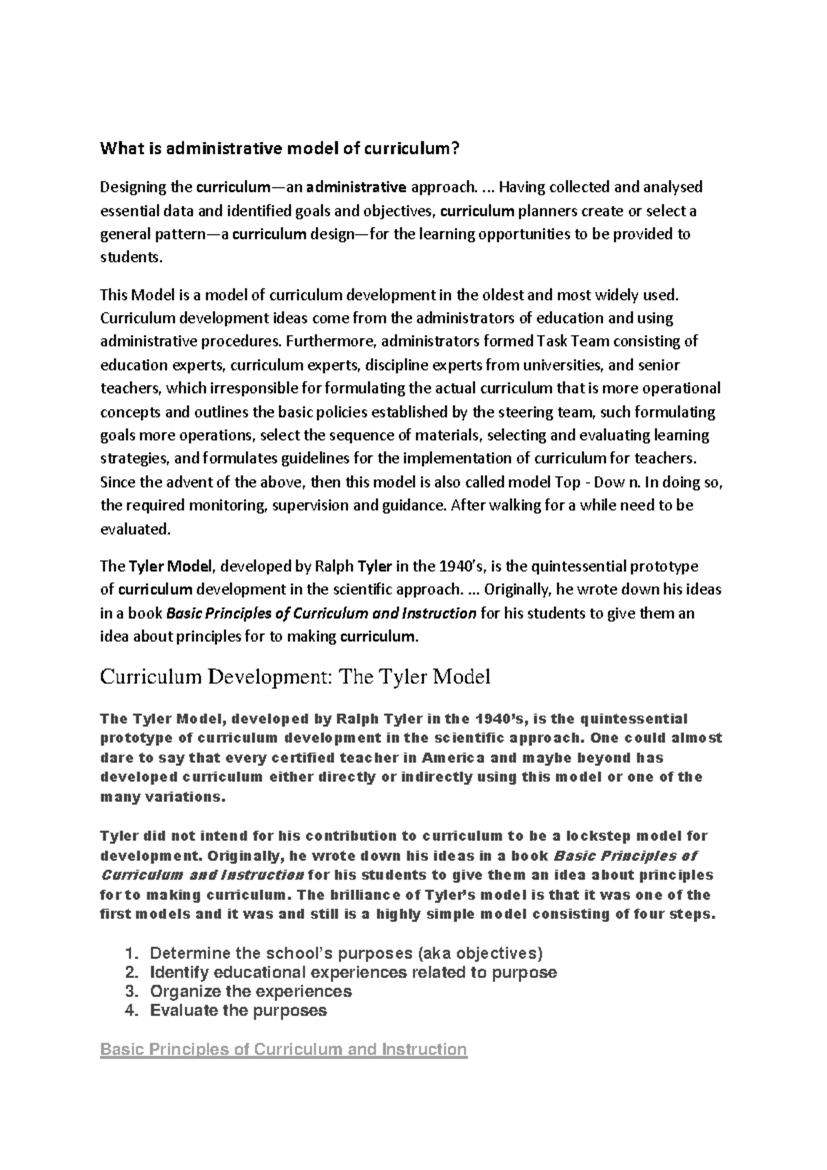 Tyler Model of Curriculum Development: An Administrative Approach - Studocu