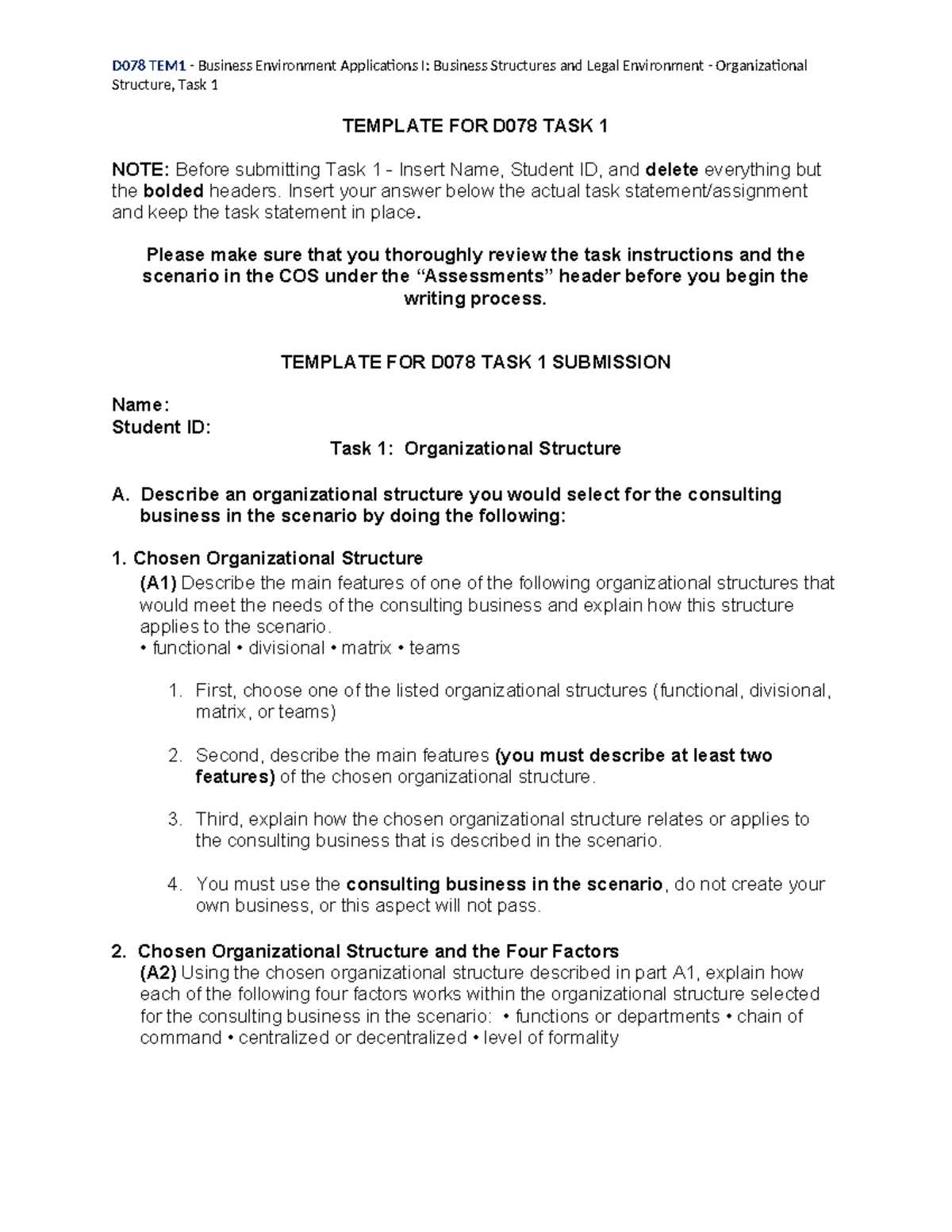 D078 - Task 1 Revised Template - D078 TEM1 - Business Environment ...