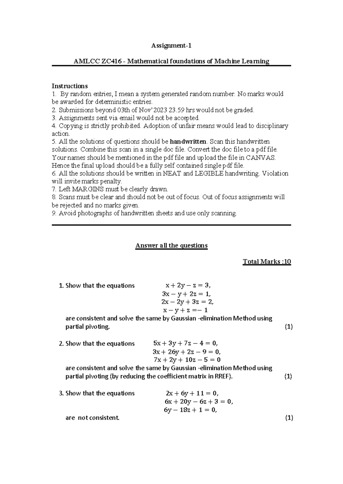 AMLCC ZC416 - Mathematical Foundations Assignment 1 - Studocu