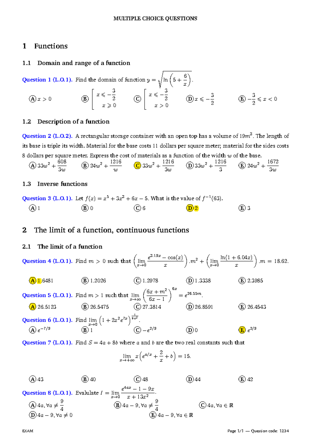 Final Exam Mock Test: Functions, Limits, and Derivatives (Course Code ...
