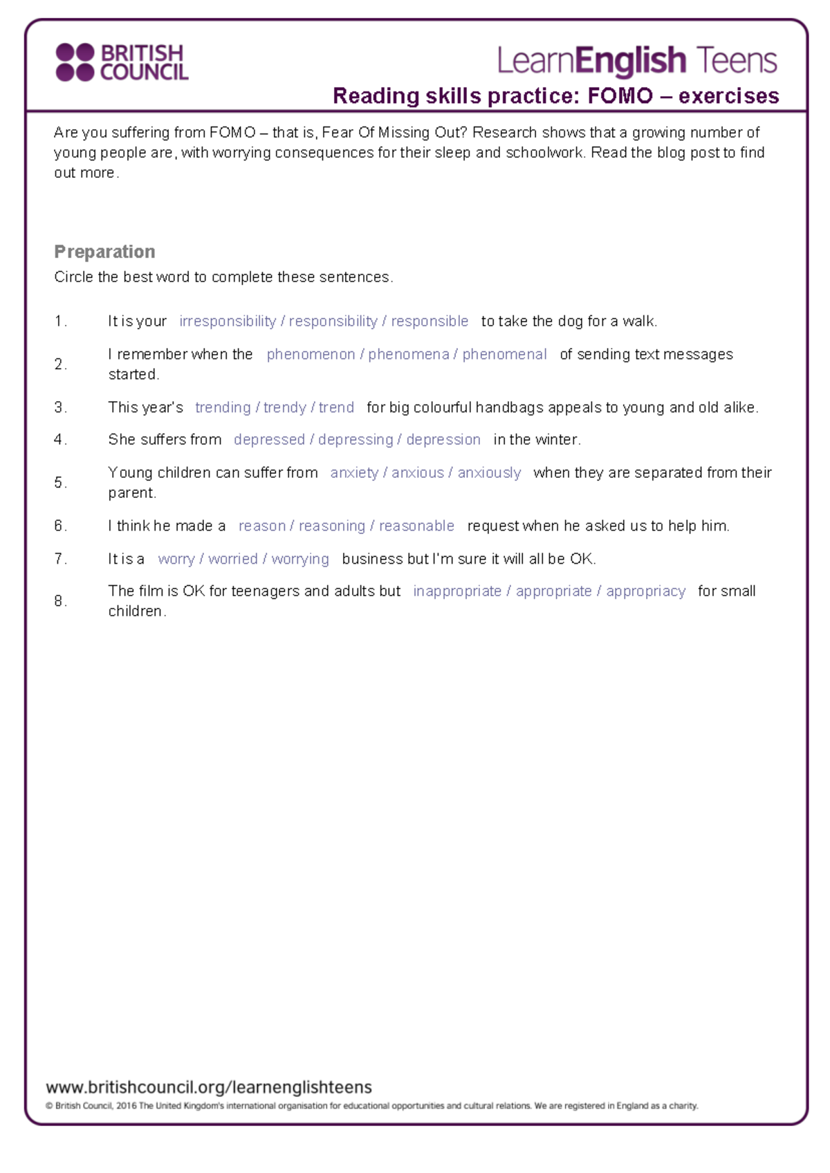 FOMO Reading Skills Practice Exercises: Understanding the Trend - Studocu