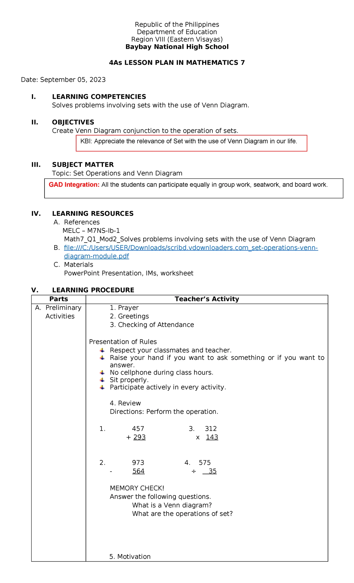M7 Mathematics 7 Lesson Plan: Union, Intersection & Set Differences ...