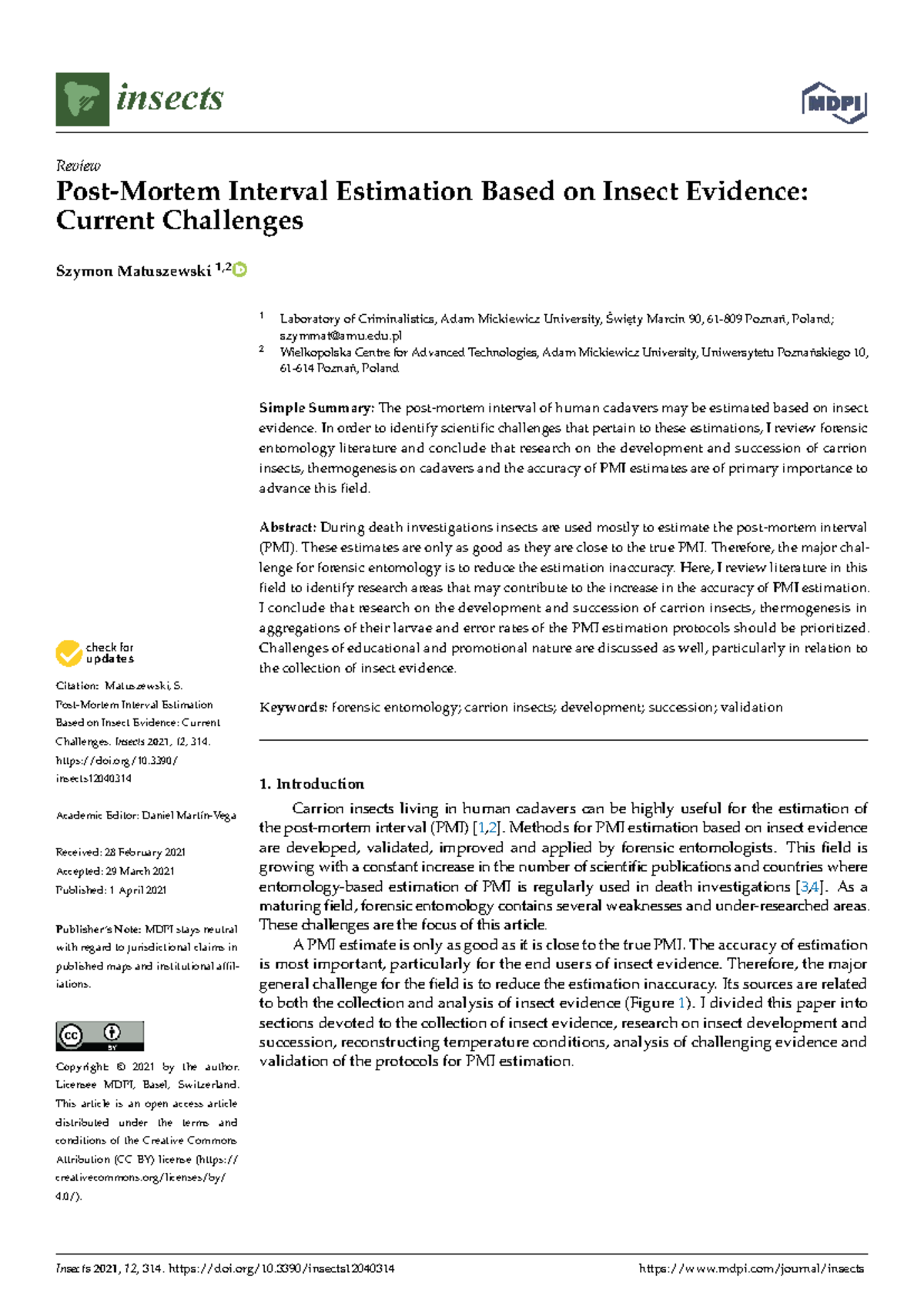 Insects 12: Current Challenges in PMI Estimation Using Insect Evidence ...