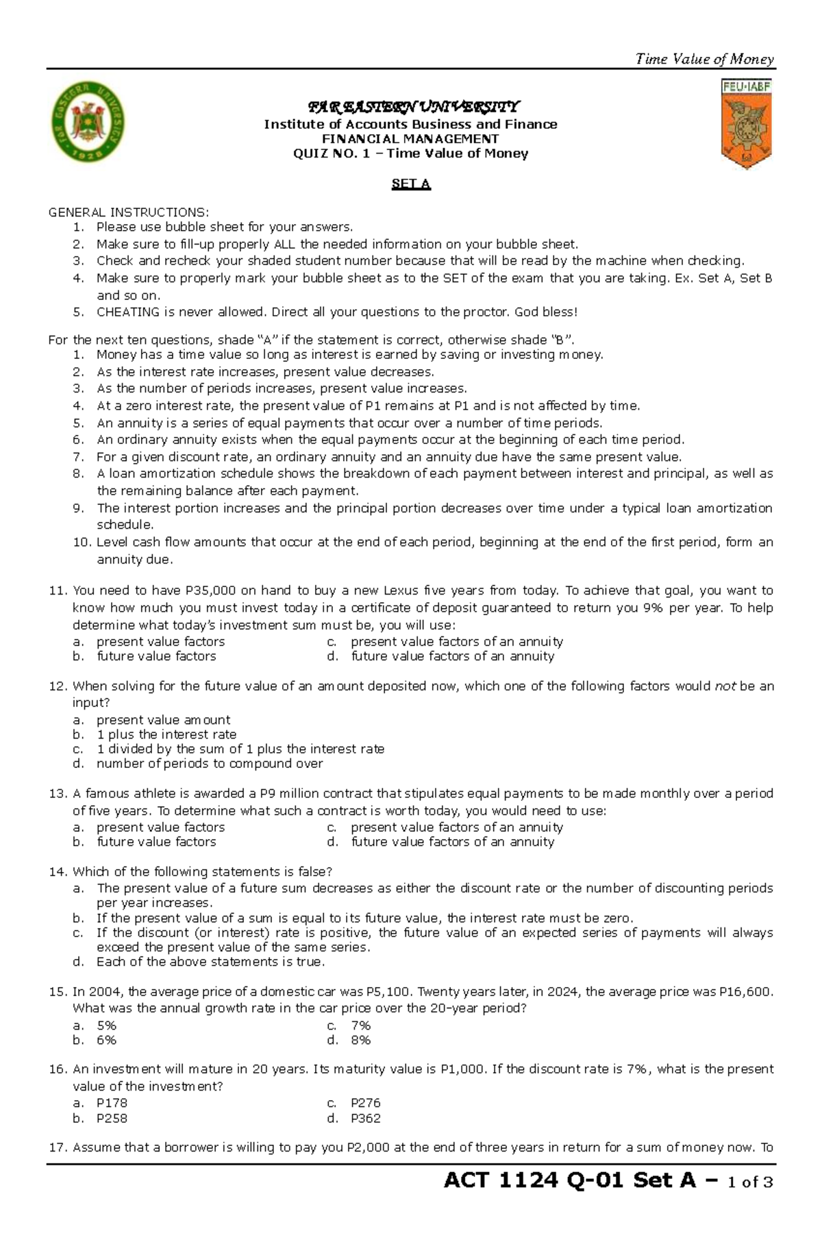 Financial management quiz no. 1: Time value of money (ACT 1124, Set A ...