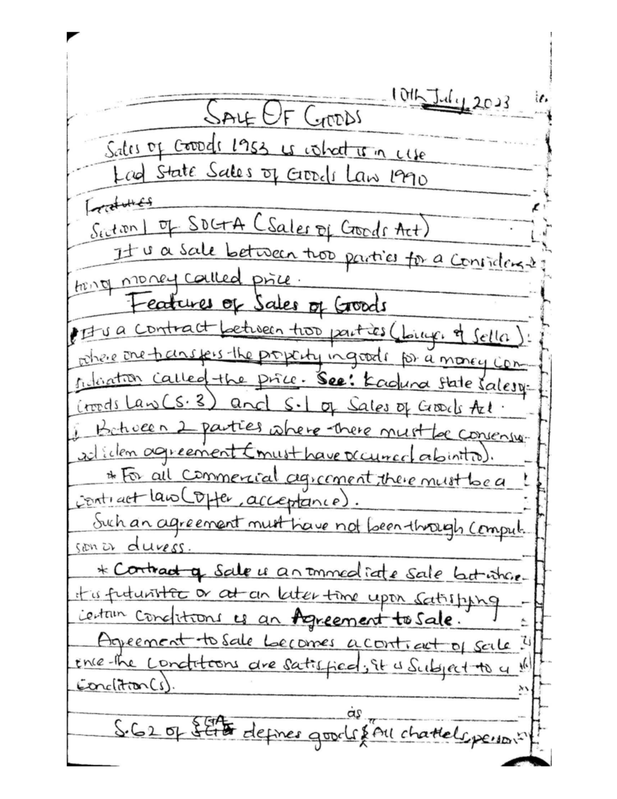 Agreement to Sale: Notes on Sales of Goods Law (LS) - Studocu