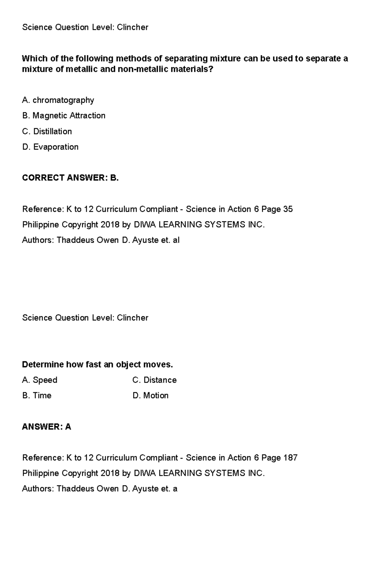 K to 12 Science Quiz Questions and Answers: Levels Clincher & Difficult ...