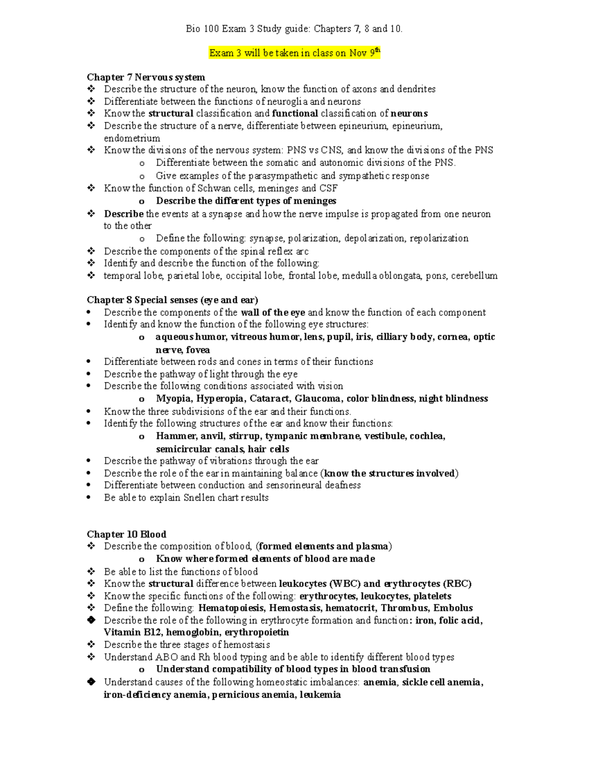 Bio 100 Exam 3 Study guide - Bio 100 Exam 3 Study guide: Chapters 7, 8 ...