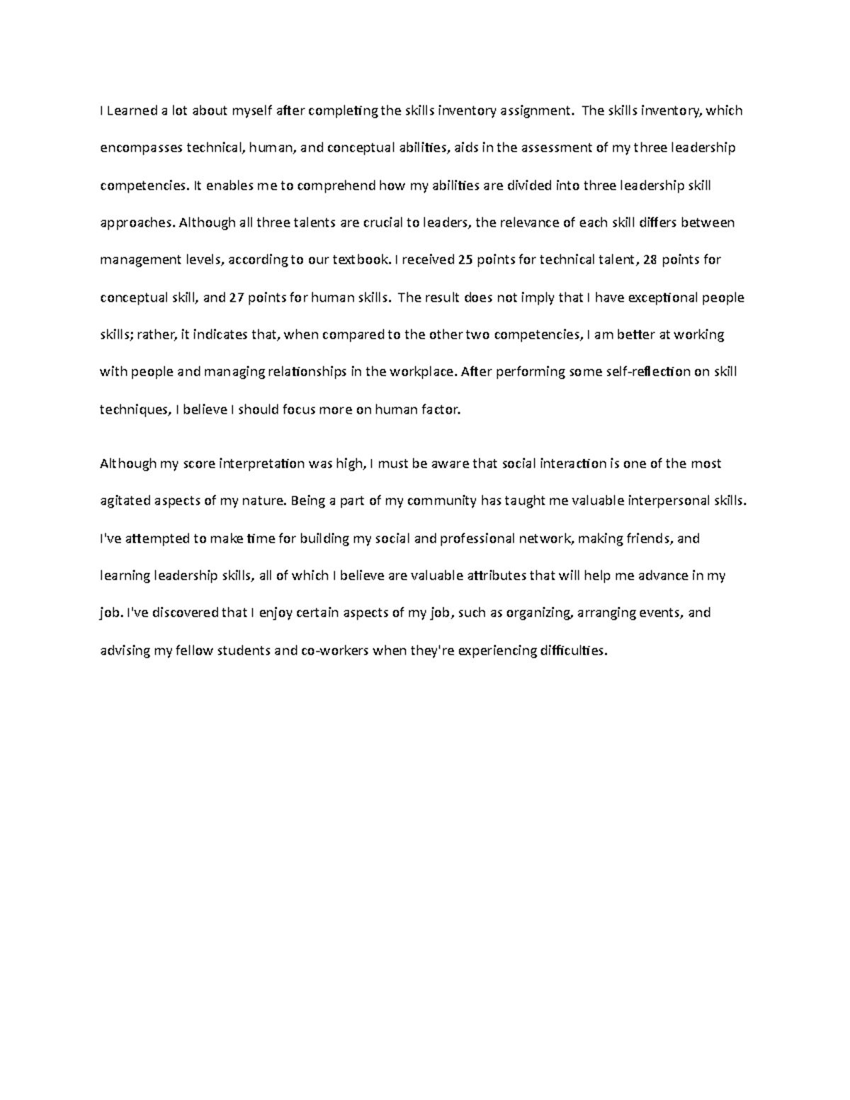 Skills Inventory reflection paper - I Learned a lot about myself after ...