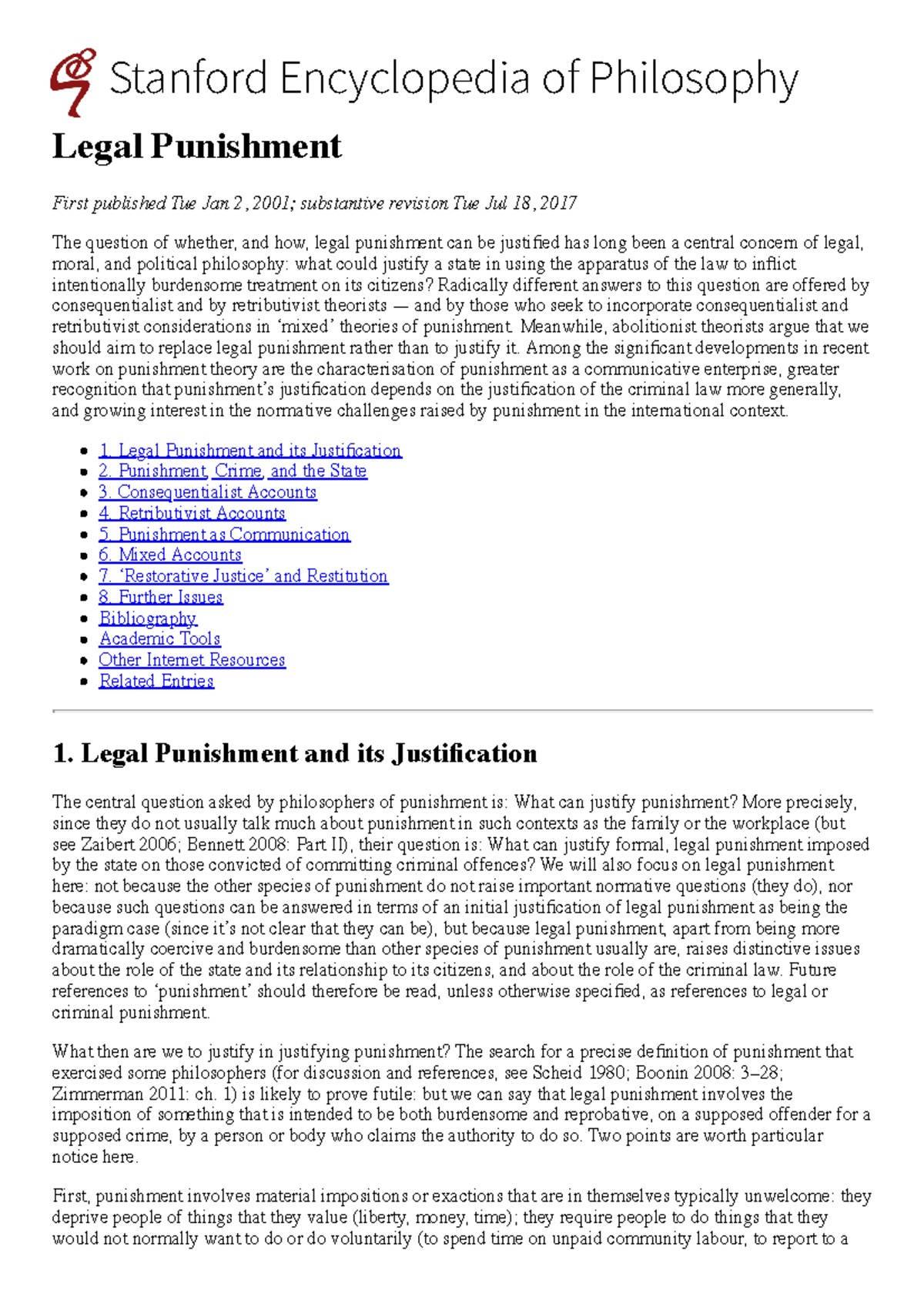 Legal Punishment (Stanford) - Stanford Encyclopedia of Philosophy Legal ...