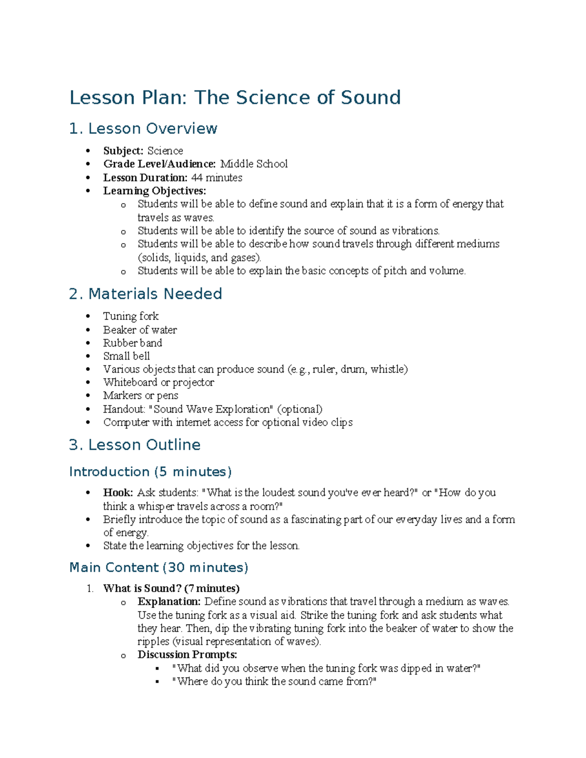 Middle School Science Lesson Plan: The Science of Sound - Studocu