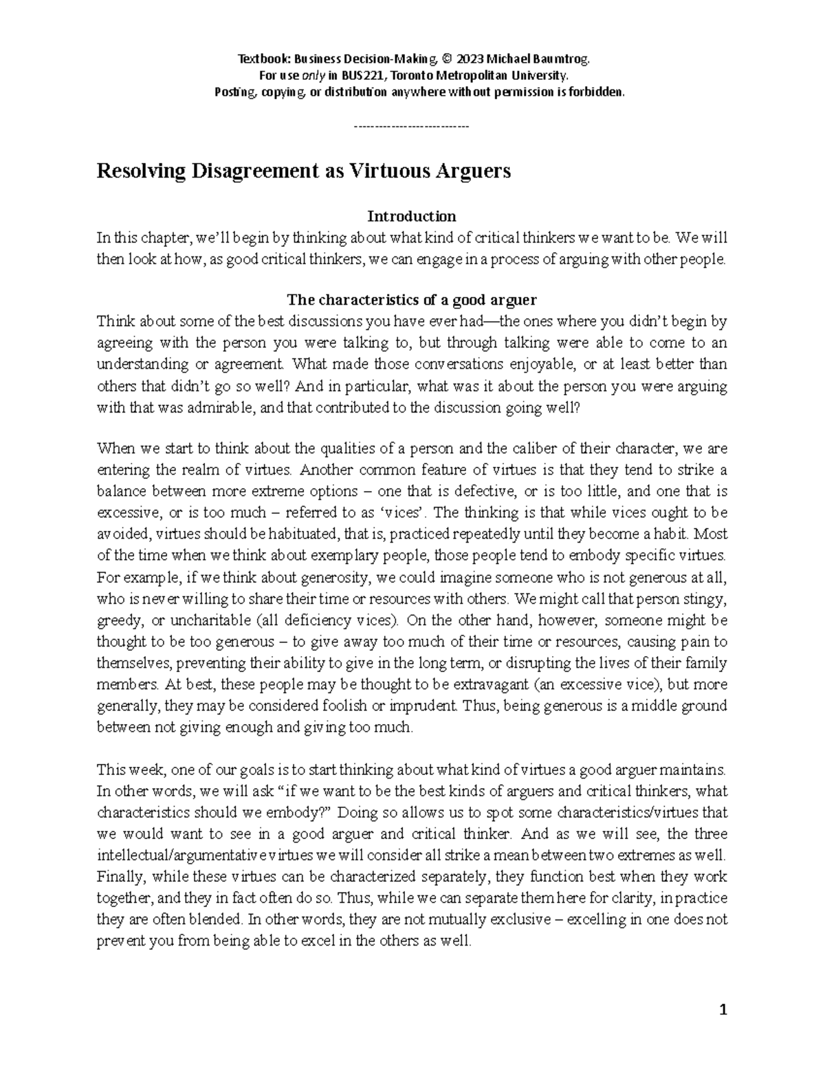 BUS221 Lecture Notes: Resolving Disagreement as Virtuous Arguers - Studocu