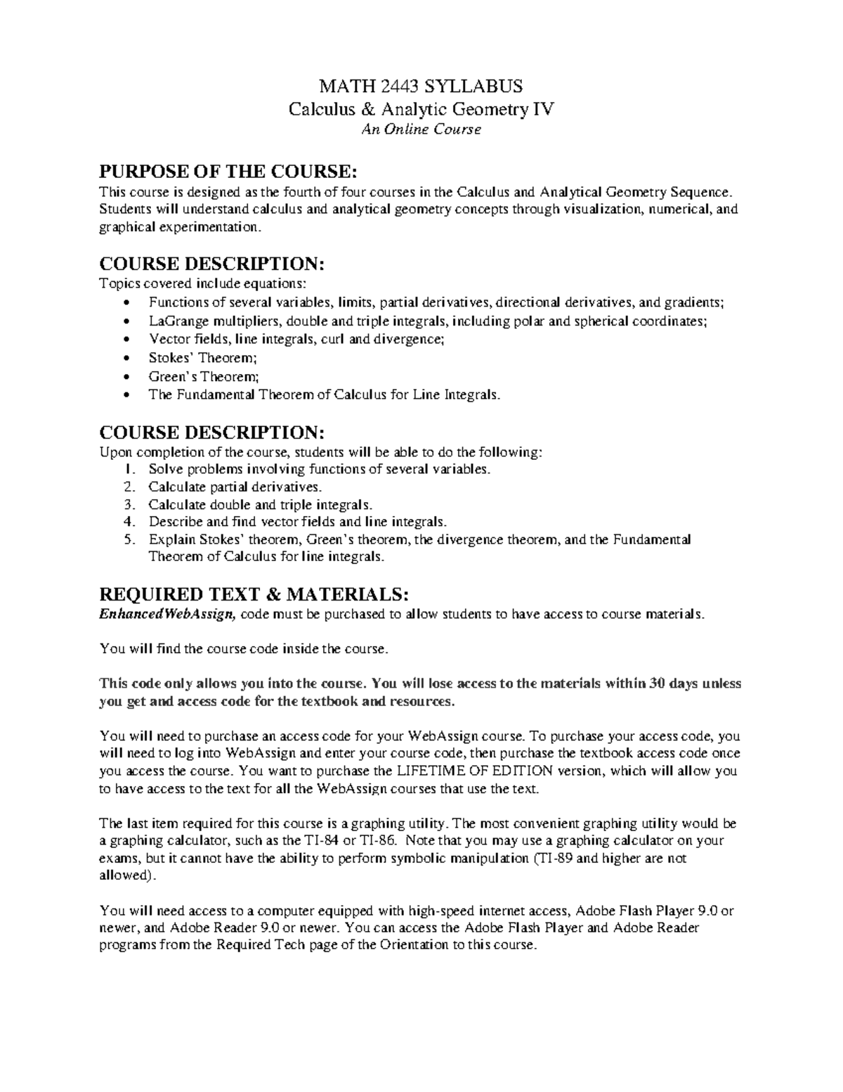 Math-2443-400 Syllabus: Calculus & Analytic Geometry IV (2018-2019 ...
