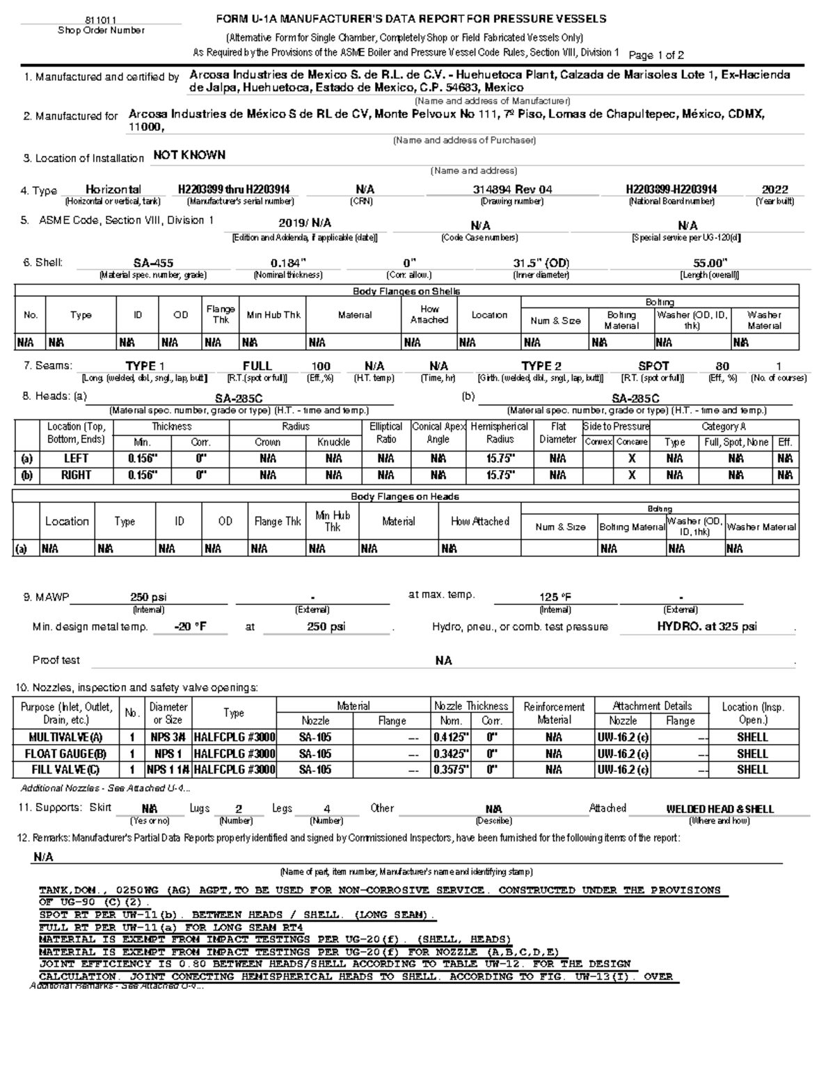 FORM DATA REPORT FOR PRESSURE VESSELS 811011 - H2203909 - Studocu