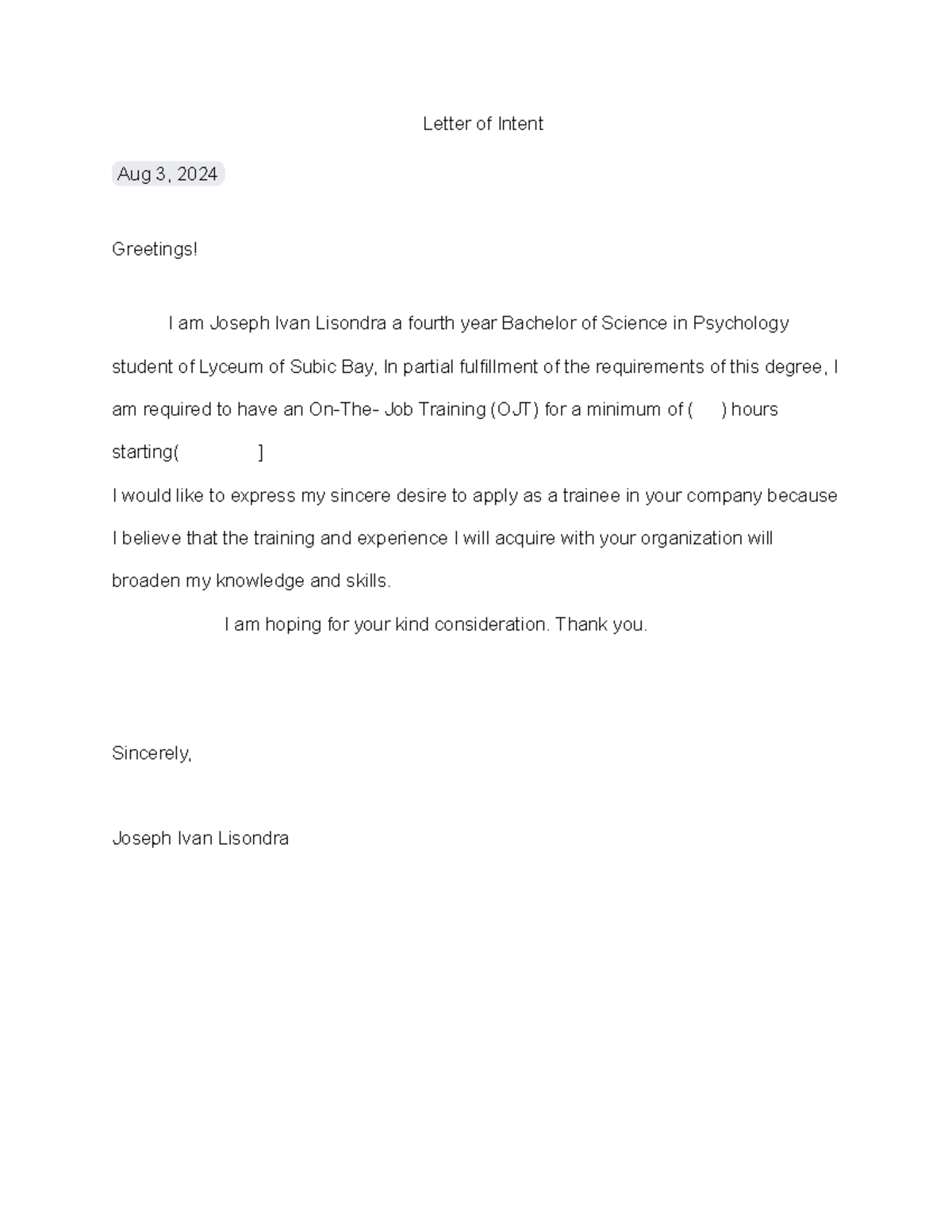 Letter of intent - notes i/o - Letter of Intent Aug 3, 2024 Greetings ...
