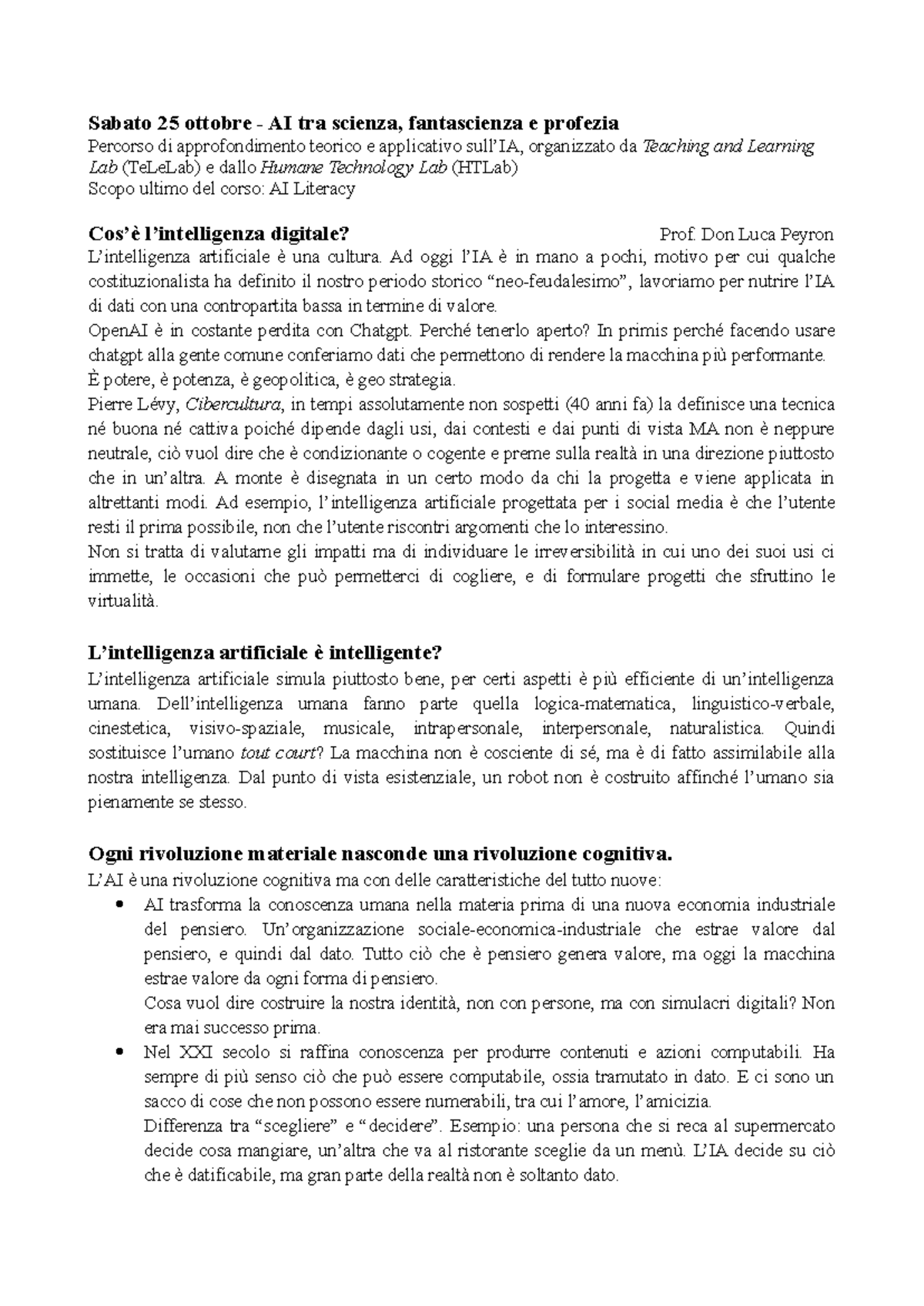 AI tra Scienza, Fantascienza e Profezia: Corso Teorico-Pratico TeLeLab ...