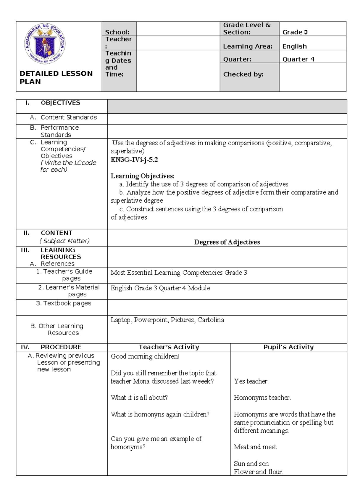 Grade 3 English DLP: Degrees of Adjectives Lesson Plan (Q4) - Studocu