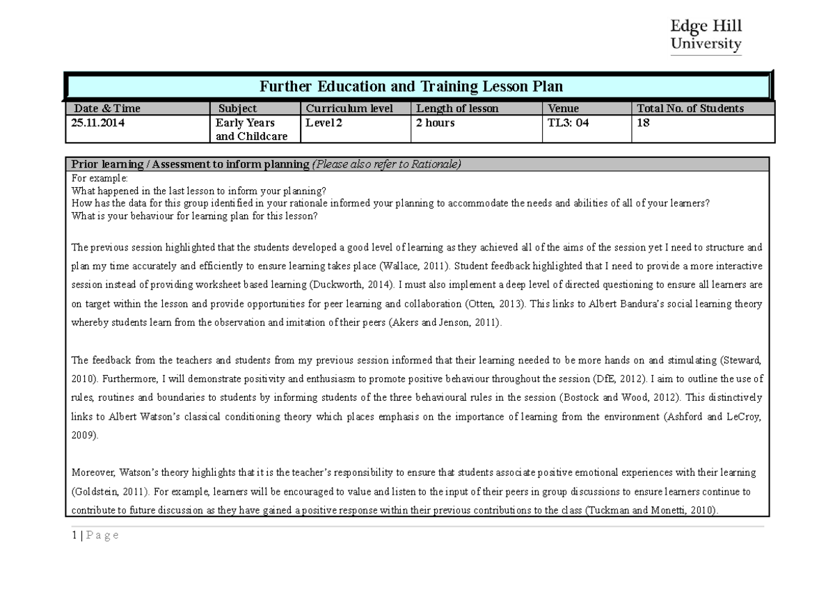Lesson Plan and Evaluation for Early Years Childcare (FT2 ...
