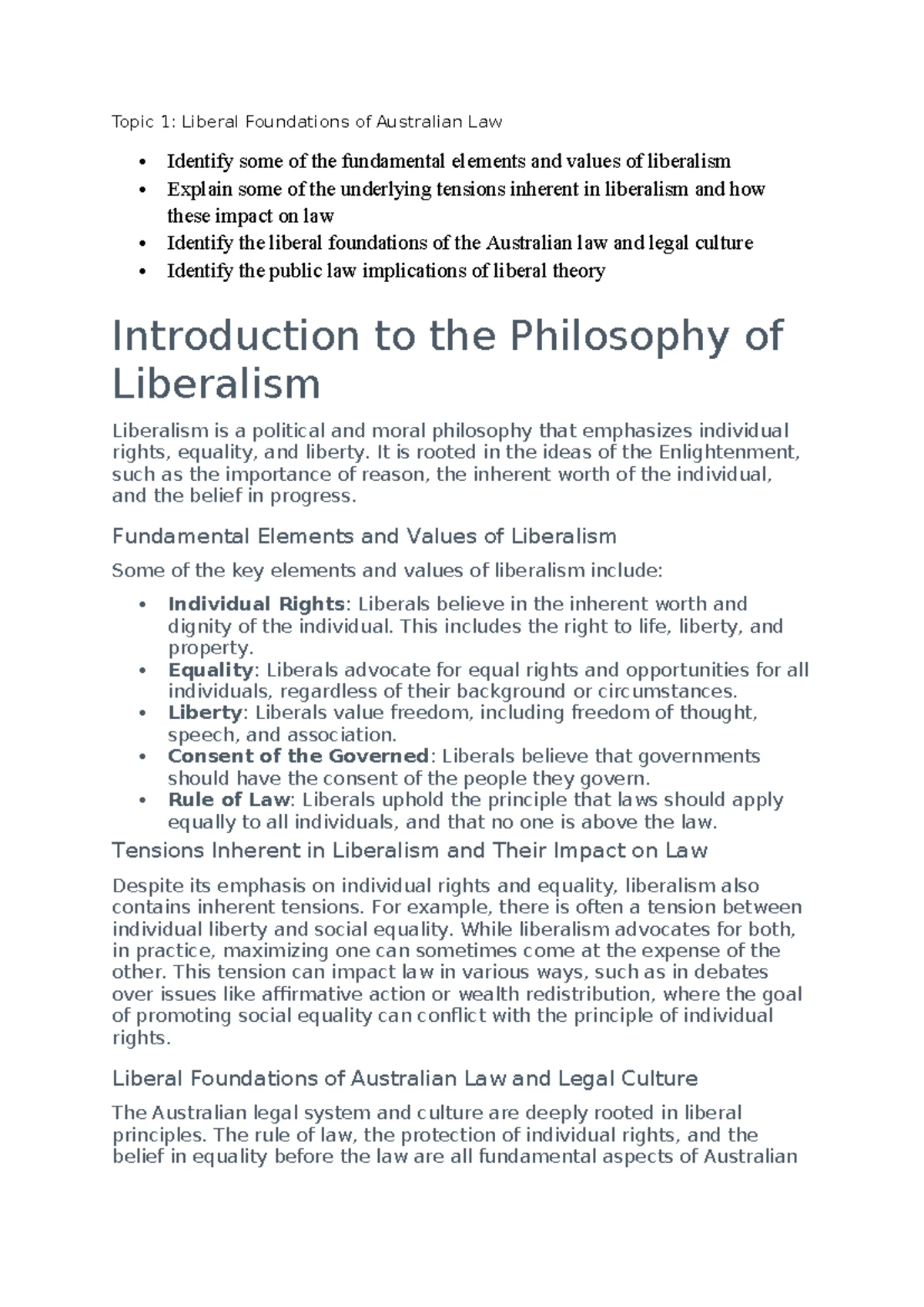 Topic 1: Liberal Foundations of Law in Australia and Their Implications ...