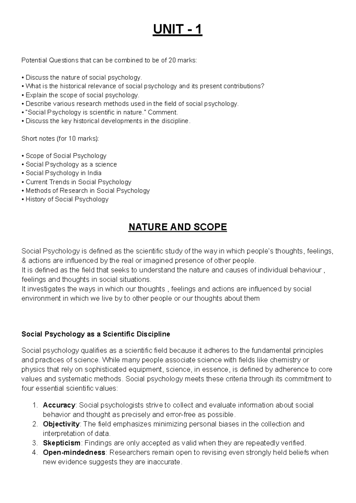 Psychology UNIT 1 - Notes - UNIT - 1 Potential Questions that can be ...