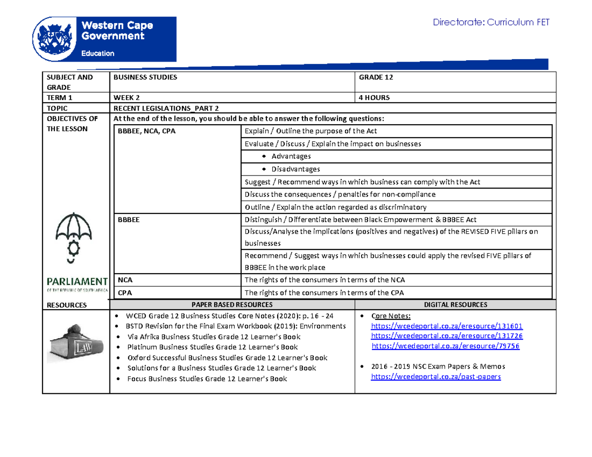 Business Studies Grade 12 Term 1 Week 2 2021 - Directorate: Curriculum ...