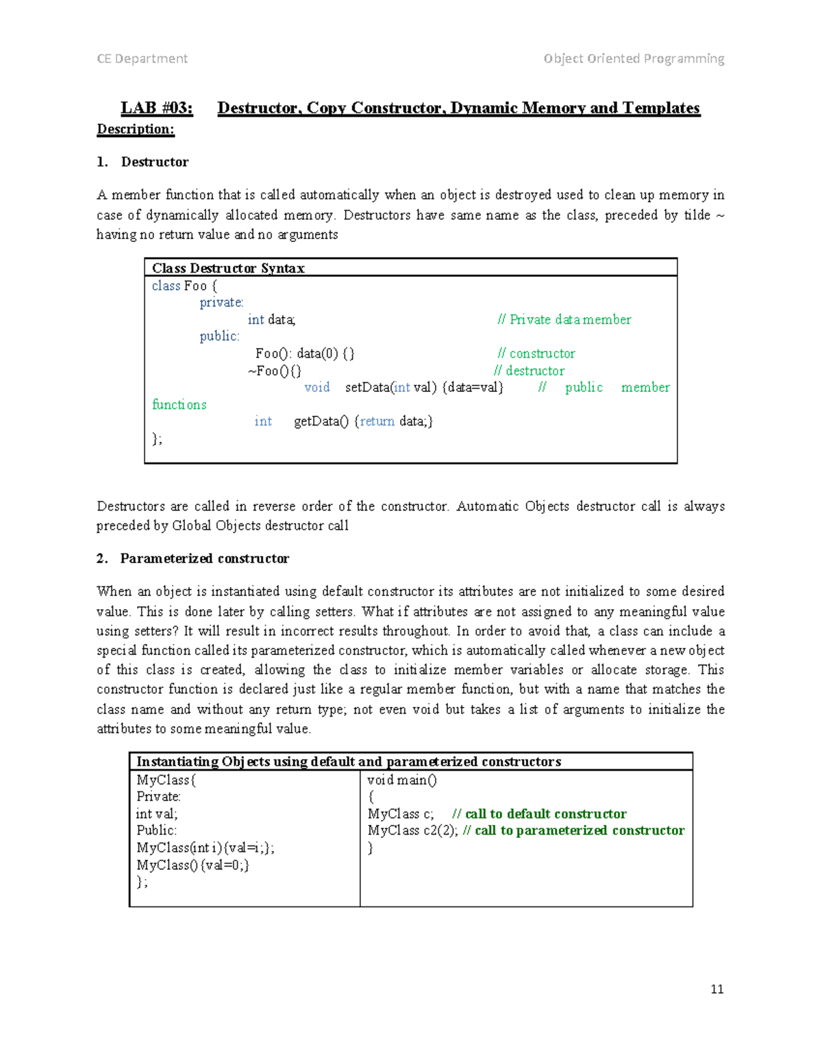 CE Department LAB: Object-Oriented Programming - Destructors ...