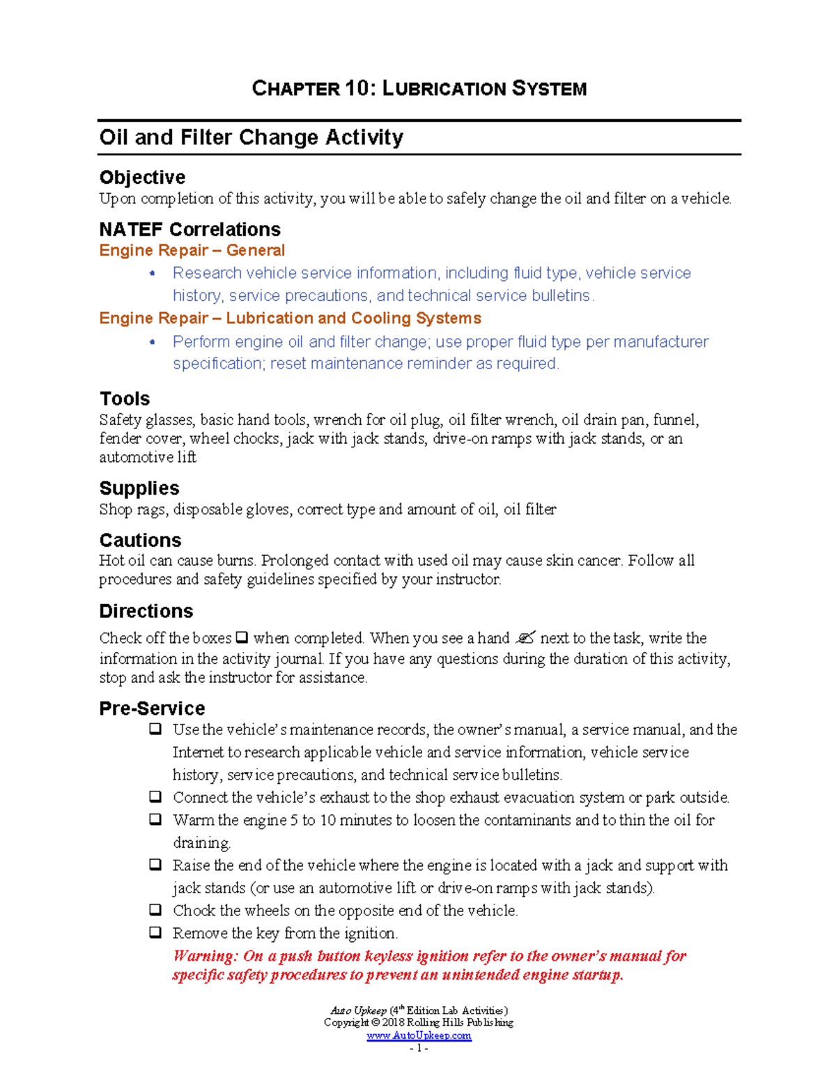 CHAPTER 10: OIL & FILTER CHANGE ACTIVITY - NATEF Engine Repair - Studocu